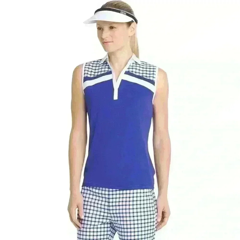 Izod Women’s Sleeveless Collared V-Neck Plaid Pieced Golf Athletic Polo Size XXL